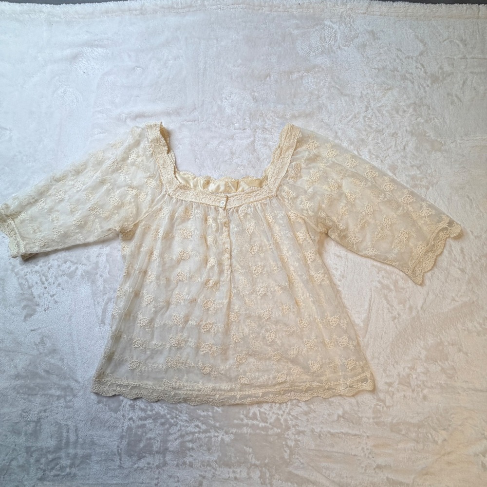 Cream Floral Lace Sheer Blouse Fairy Cottage Whimsy Square Neck Mesh Top - Picture 5 of 9